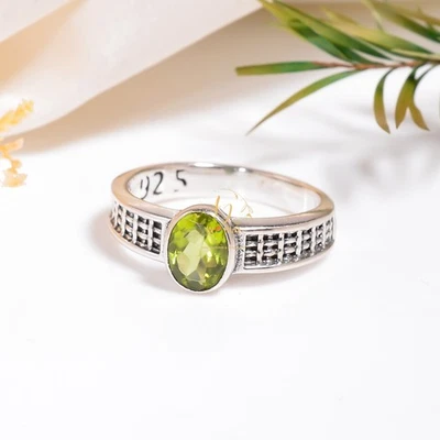Natural Green Peridot Cut Stone Ring 925 Sterling Silver Boho Rings Gift Jewelry - Image 1 of 4