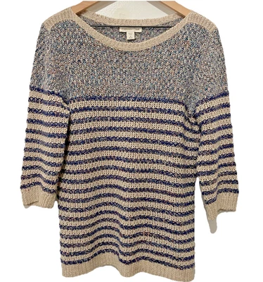 Suéter Coldwater Creek Mezcla de Lino Rayas Azul Talla M Manga 3/4 Foto 1 de 4