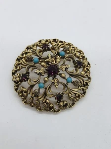 Filigrane runde Brosche Vintage lila Strass blaue Perlen - Bild 1 von 5