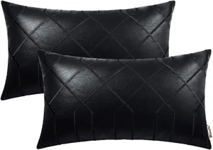 Leather Pillow Covers 12 X 20 Inches, Black Faux Leather Lumbar Pillow Covers Pa - Picture 1 of 12