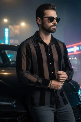 Barabas Men's See Through Velvet Long Sleeve Shirts 5B19 - Image 1 of 4