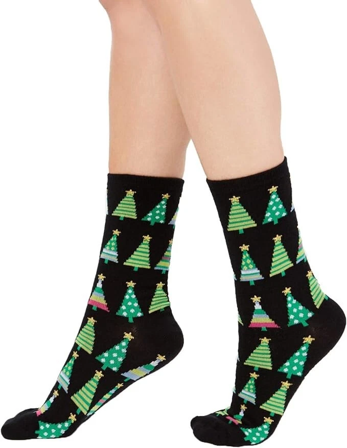 Calcetines Charter Club para mujer Navidad árboles verdes Hot Crew negros Foto 1 de 1