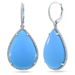 Diamond Pear Turquoise Teardrop Earrings 14K White Gold 28.00 CTW Composite - Picture 1 of 2