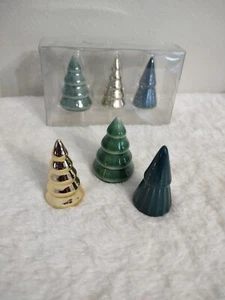 Set of 6 Stoneware Christmas Tree Figurines Gold & Light & Dark Green 3" - Picture 1 of 6