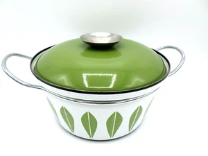 Cathrineholm Lotus Pattern Pot Dish Lid Metal Enameled White Avocado Norway - Picture 1 of 10