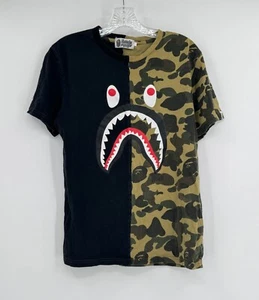 A Bathing Ape WGM Mens Split Camo Black Shark Head Graphic T Shirt Sz L - Picture 1 of 5