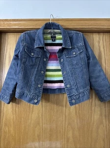 GAP Kids Blue Denim Jean Multi Sweater Rainbow Lining Barn Jacket Small 6/7 - Picture 1 of 8