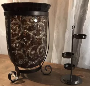 Partylite Amaretto Swirl Pillar Candle Holder Mosaic Crushed Glass Metal Stand - Picture 1 of 16
