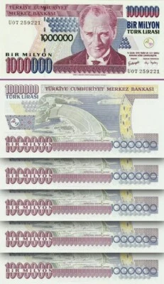 Turkey 1000000 1,000,000 1 Million Lira 1970 2000, UNC, 5 Pcs LOT, Prfx U, P-213 - Image 1 of 4