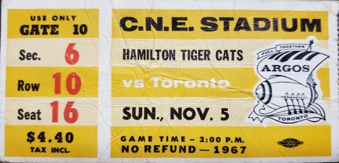 1967 C.N.E. Stadium Hamilton Tiger Cats vs Toronto Argonauts CFL Football Cover