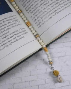 Skull Rose Beaded Thong Bookmark Howlite Rhinestone Handmade White Yellow New - Picture 1 of 4