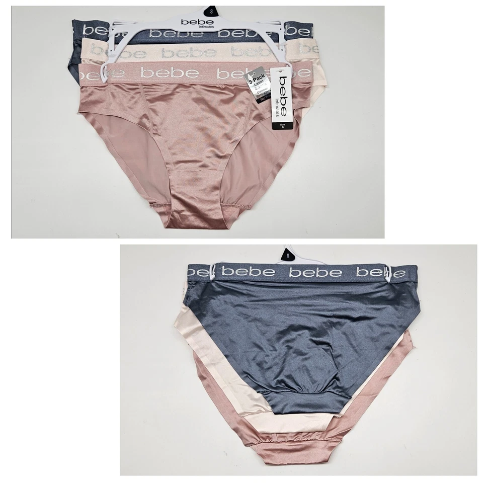 BEBE Women's S M L 3 Pack Logo Waistband Satin Laser Bikini Gray Beige Ivory - Image 1 of 4