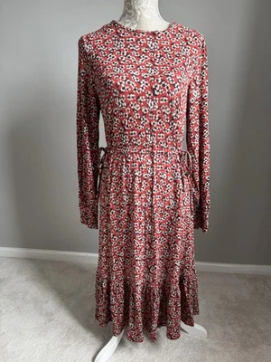 L K BENNETT 'DR CARINA' RED MULTI FRILL HEM VISCOSE/ELASTANE DRESS SIZE 12 - Image 1 of 4