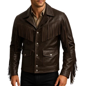 Men’s Fringe Western Jacket Genuine Lambskin Leather Rodeo Coat Outerwear - Picture 1 of 5