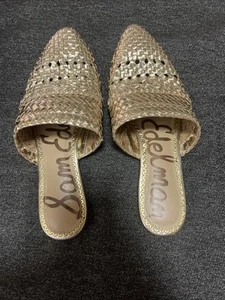 Women’s SZ 5 Sam Edelman Natalya Metallic Gold Woven SlipOn Flat Slides W/O Box - Picture 1 of 6