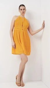 H&M Women’s Pleated Halter Mini Dress Orange Keyhole Size 4 - Picture 1 of 4