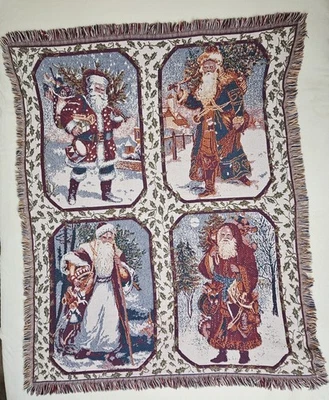 Christmas Woven Tapestry Throw 4 Old World Santa Claus Throw Blanket 100% Cotton - Image 1 of 4