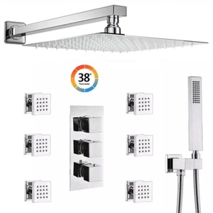 Thermostatic Chrome 8" Full Body Shower System with 6x Massage Jets Wall Mounted - Picture 1 of 10