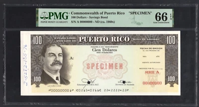 Bono de Ahorro Puerto Rico 100 Dólares ND (1960) "Especimen" Sin Circular Grado 66 Foto 1 de 2