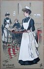 Waitress Tending To Man In Restaurant 1910 Color Litho, Artist-Signed Postcard