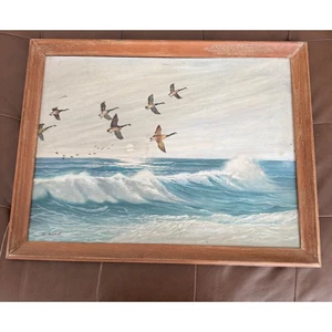 Dipinto olio vintage onde oceaniche e uccellini marini firmato incorniciato 20x24 - Foto 1 di 7