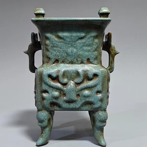 11" China alter antiker Porzellan Song Ru Ofen gemarkt vier Fuß Räuchergefäß - Bild 1 von 9