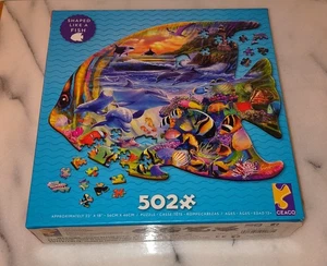 Puzzle 502 pezzi nuovo con scatola a forma di pesce delfino balena corallo tesoro vita oceanica - Foto 1 di 5