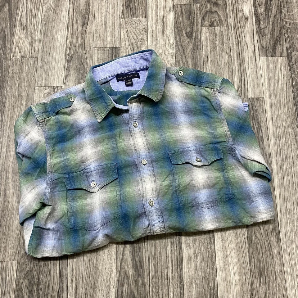 Camisa de vestir a cuadros verde y azul con botones BANANA REPUBLIC para hombre talla M 15-15,5 Foto 1 de 4