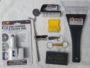 8 Pieces Auto Care Lot, Ice Scraper, USB Charge And Escape Tool, Key Holder - Picture 1 of 6
