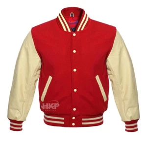 Baseball Varsity Letterman Bomber Red Wool & Genuine Cream Leather Sleeves - Picture 1 of 2