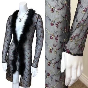 Vintage 90’s FLORAL MESH OPERA COAT w MARIBOU FEATHER TRIM Goth Y2K Black Sheer - Bild 1 von 8