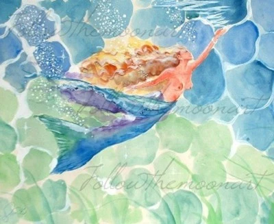 Blue Blue Swimming Mermaid in the Sea Ocean Nautical Wall Art - Image 1 of 4