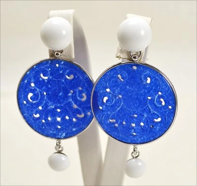 ORECCHINI IN ARGENTO 925 CON GIADA BLU E AGATA BIANCA PENDENTI AGHT 0301 - Immagine 1 di 3