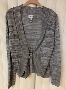 Chicos Women’s Short Metallic Sweater, Size 2,Gray, LS, Open Front W/ Tie - Picture 1 of 9