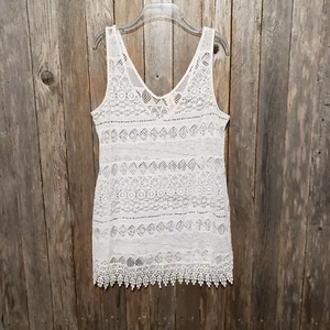 OP Swim Coverup Dress L 11 13 White Eyelet Cutout Lace Sleeveless Stretch Boho - Picture 1 of 8