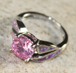 Elegante Anillo PLATEADO Rosa Ópalo de Fuego y Kuncita Rosa Talla 5, WR40203 - Imagen 1 de 3