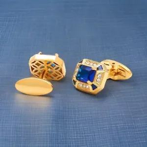 14K Yellow Gold Plated 3CT Emerald Cut Lab Created Blue Sapphire Men's Cufflinks - Picture 1 of 4