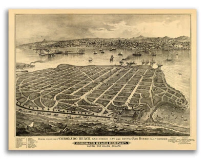 Coronado Island California 1880 Historic Panoramic Town Map - 18x24 - Image 1 of 4