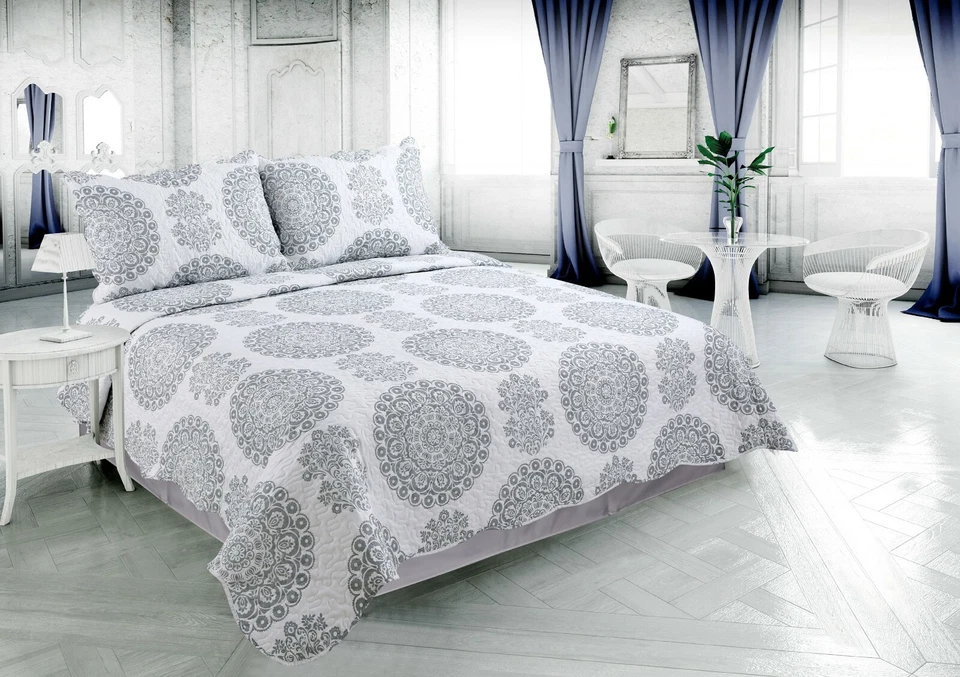 Juego de colcha edredón colcha ultra suave con costuras estampadas, círculos de flores grises Foto 1 de 4