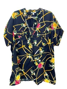 New MILEAGE Womens Blouse Loose Fit Blouse Roll Tab Sleeve 2X Floral Abstract - Picture 1 of 9