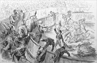 ESPAGNE- TAUROMACHIE: TAUREAU FRANCHISSANT la BARRIÈRE -Gravure du 19e (G. Doré) - Photo 1/3