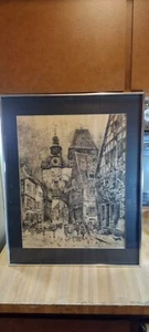 Paul Geissler Germany City Streets Framed Etching Picture,31 x 24! - Picture 1 of 12
