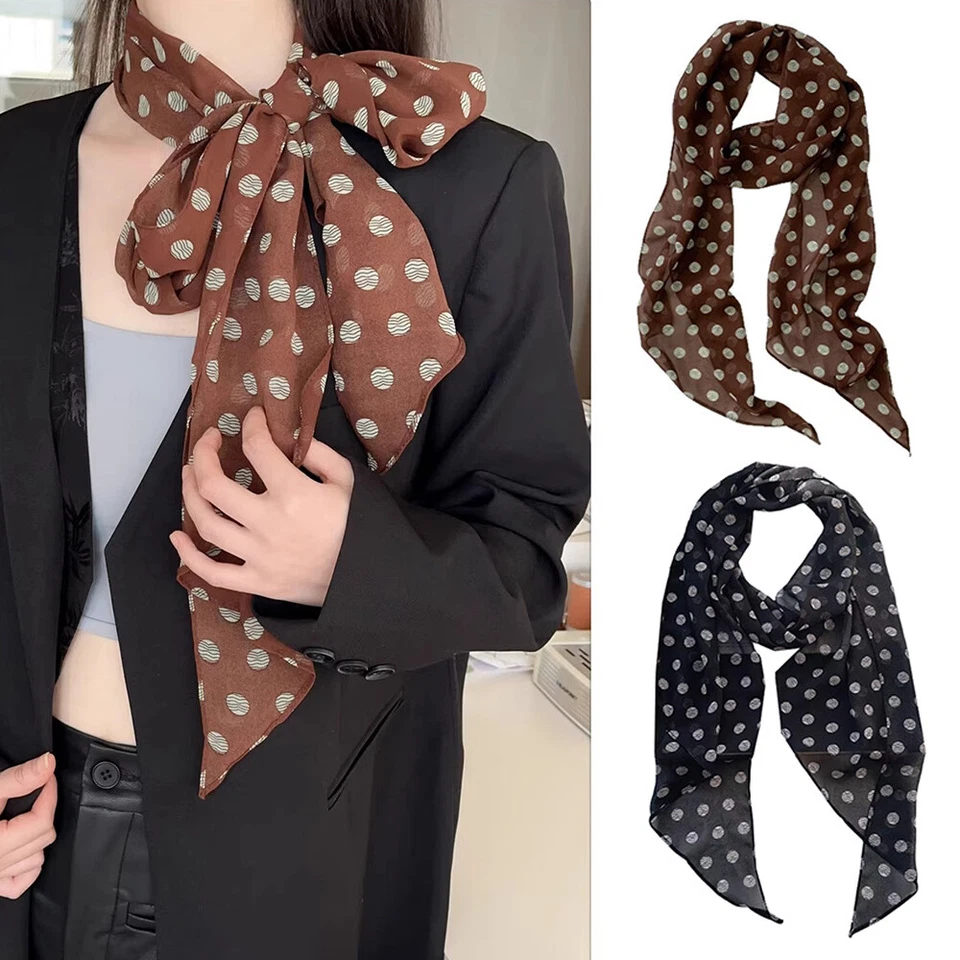 Retro Brown Polka Dots Long Silk Scarves HairBand Womens High Quality Headscarf↔ - Image 1 of 4
