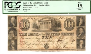 1838 $10 Bank of the United States Philadelphia, PA Obsolete PCGS F-15 *Biddle* - Picture 1 of 2