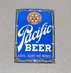 VINTAGE 12” PACIFIC BEER BAR STORE PORCELAIN SIGN GAS OIL CAR TRUCK MOTORCYCLE - Picture 1 of 2