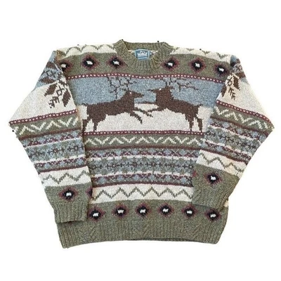 VTG Woolrich Sweater Mens Medium Multi Deer Nordic Fair Isle Norwegian Wool  - Image 1 of 4