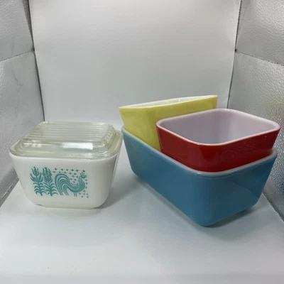 Vintage PYREX Fridgies Refrigerator Primary Colors Milk Glass Set Of 4 USA MADE - Image 1 of 4