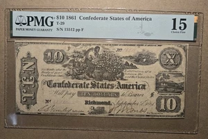 T-29 1861 $10 CSA CONFEDERATE STATES OF AMERICA CURRENCY NOTE PMG F15 - Picture 1 of 2