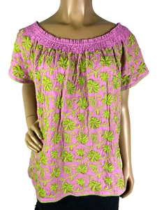 Sister Mary Pink Cotton Top Size L Elastic Smocked Neckline Green Embroidery SS - Picture 1 of 10