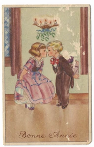Bonne Annee Young Love Kissing in Formal Wear Postcard - Picture 1 of 2